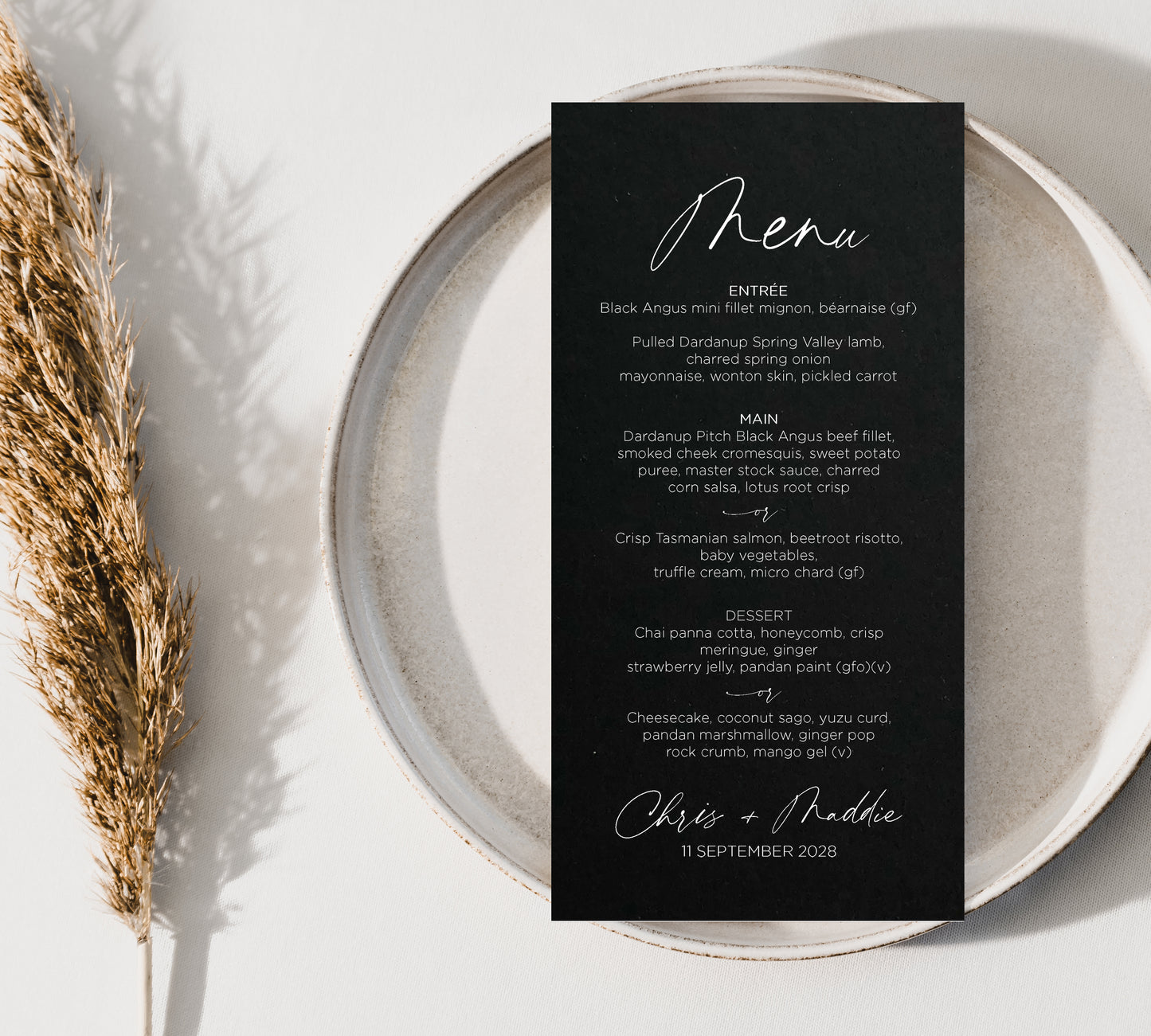 Modern Black Card White Ink Wedding Menu