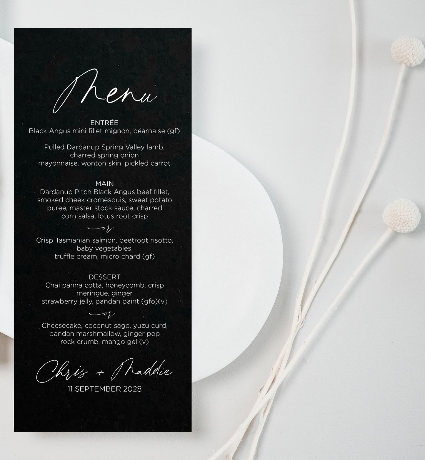 Modern Black Card White Ink Wedding Menu