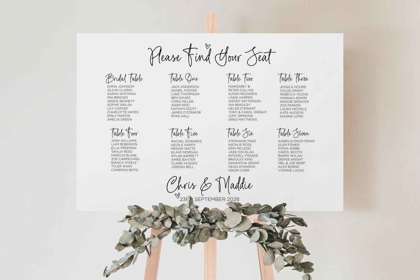 Simple Wedding Seating Plan Chart for Reception Guests