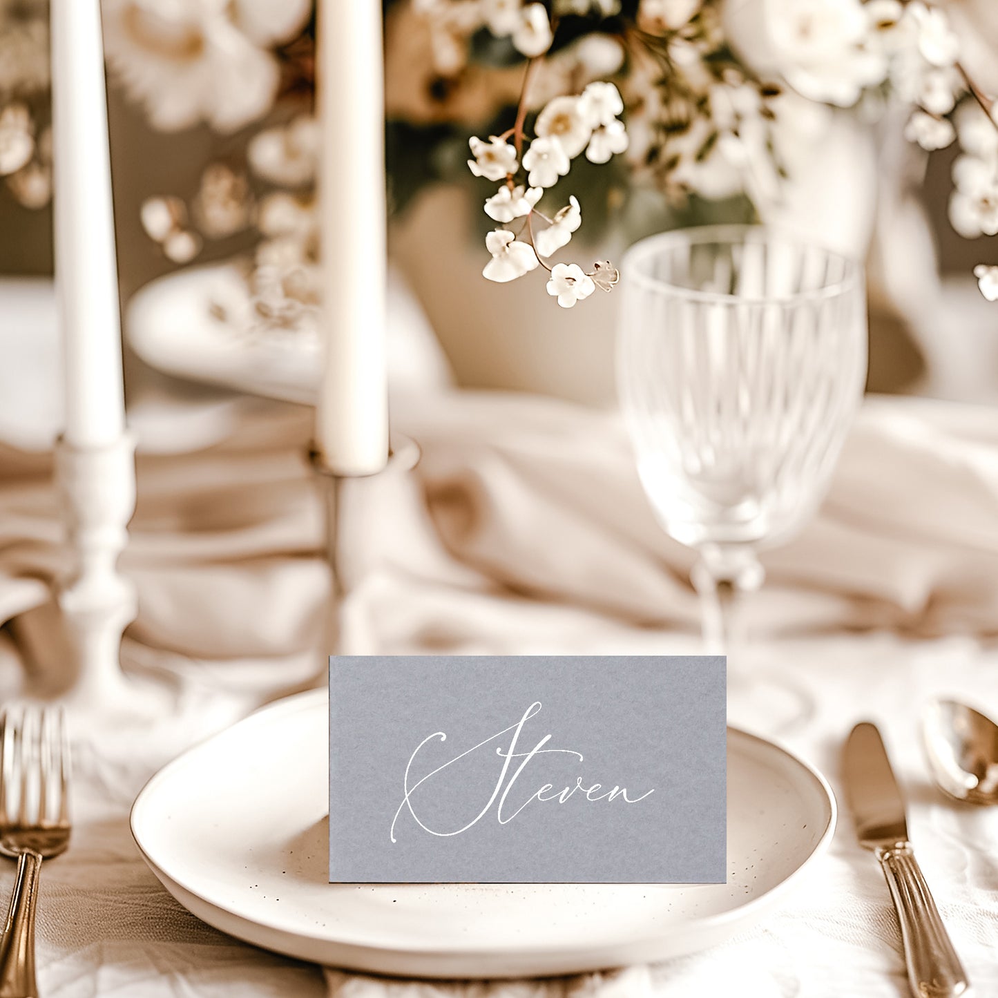 Grey Classic Calligraphy Place Cards - Tent Fold Style