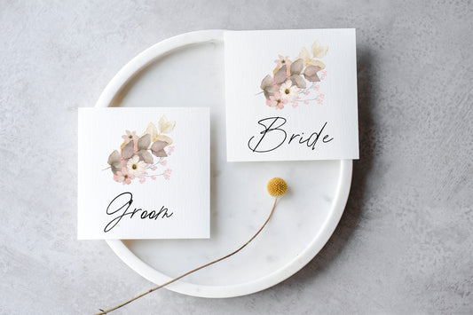 Pastel Floral Calligraphy Place Cards - Square Flat Style