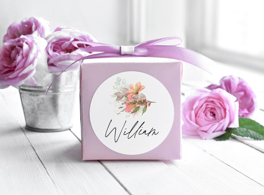 Pink Floral Place Cards - Round Sticker Style